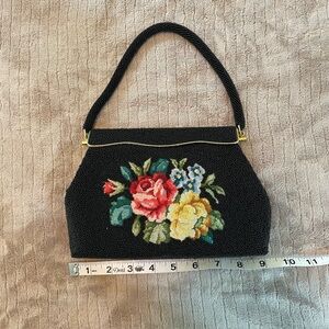 Vintage Beaded Floral Embroidered Black Handbag